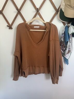 We The Free Tan Waffle-Knit V-Neck Pullover Hoodie